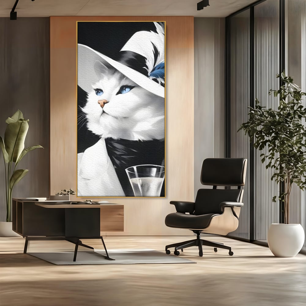 Tablou canvas cu tablou canvas cu pisica aristocrata purtand palarie, in rama de aluminiu auriu, pe perete intr-un birou